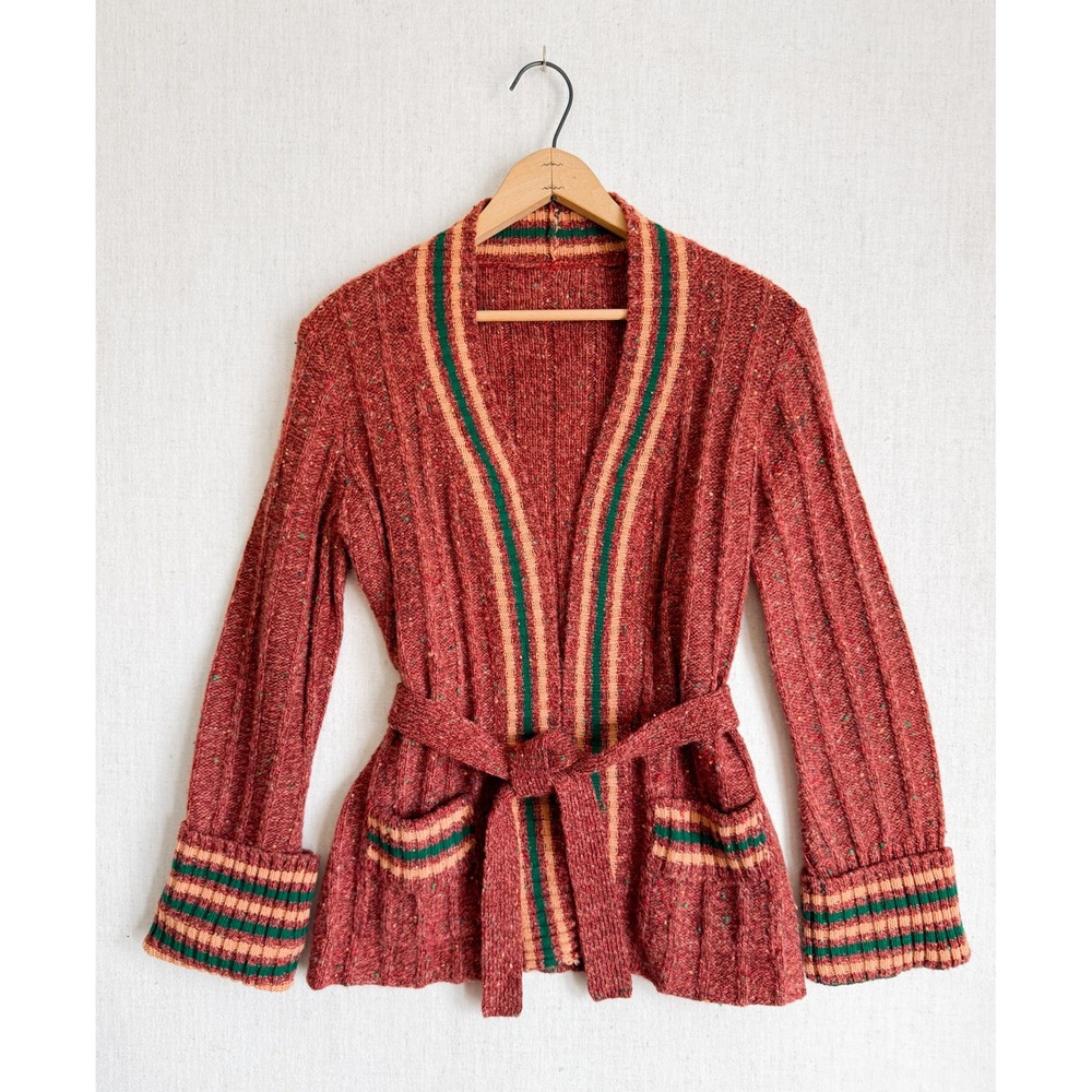 Vintage Rust Red Tweed Knit Belted Cardigan Striped‎ Trim Dark Academia Sweater